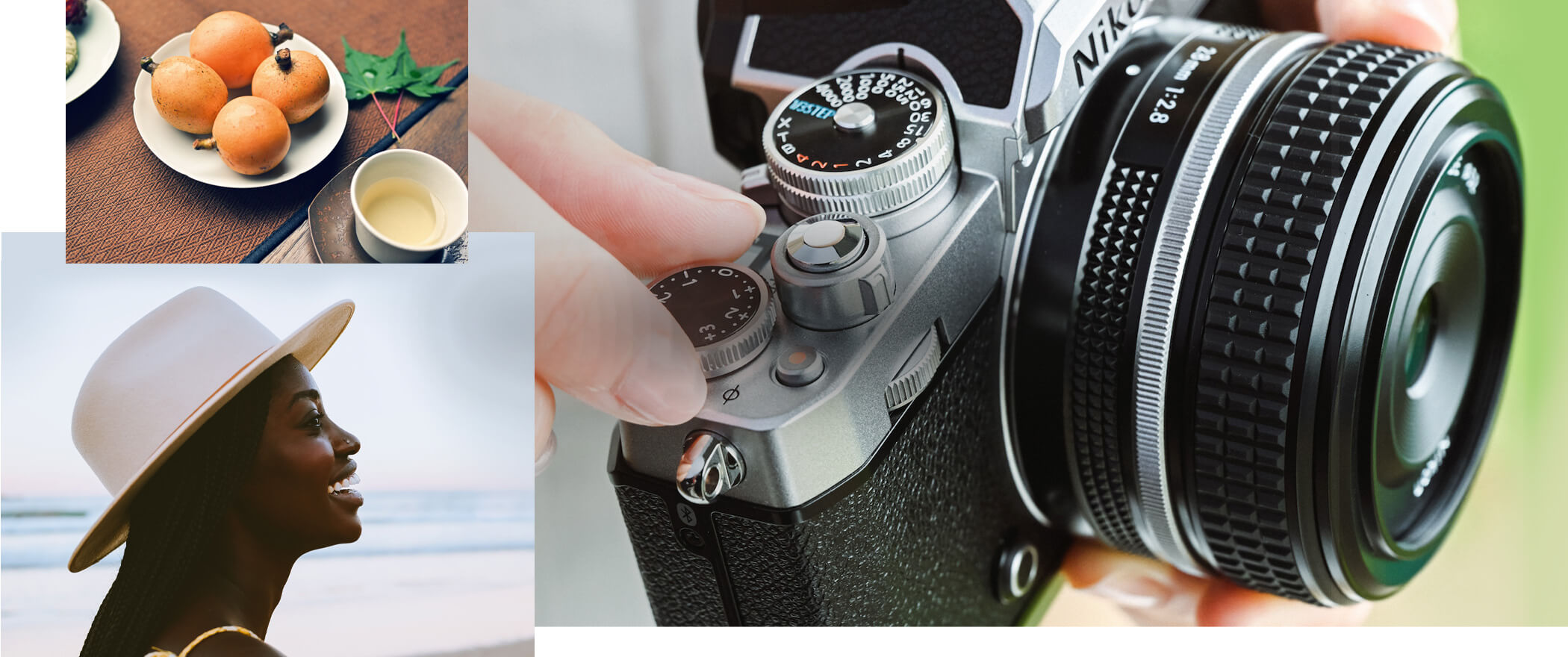 Collage of photos taken with the NIKKOR Z 28mm f/2.8 (SE) lens and of the Z fc and lens in a person's hand