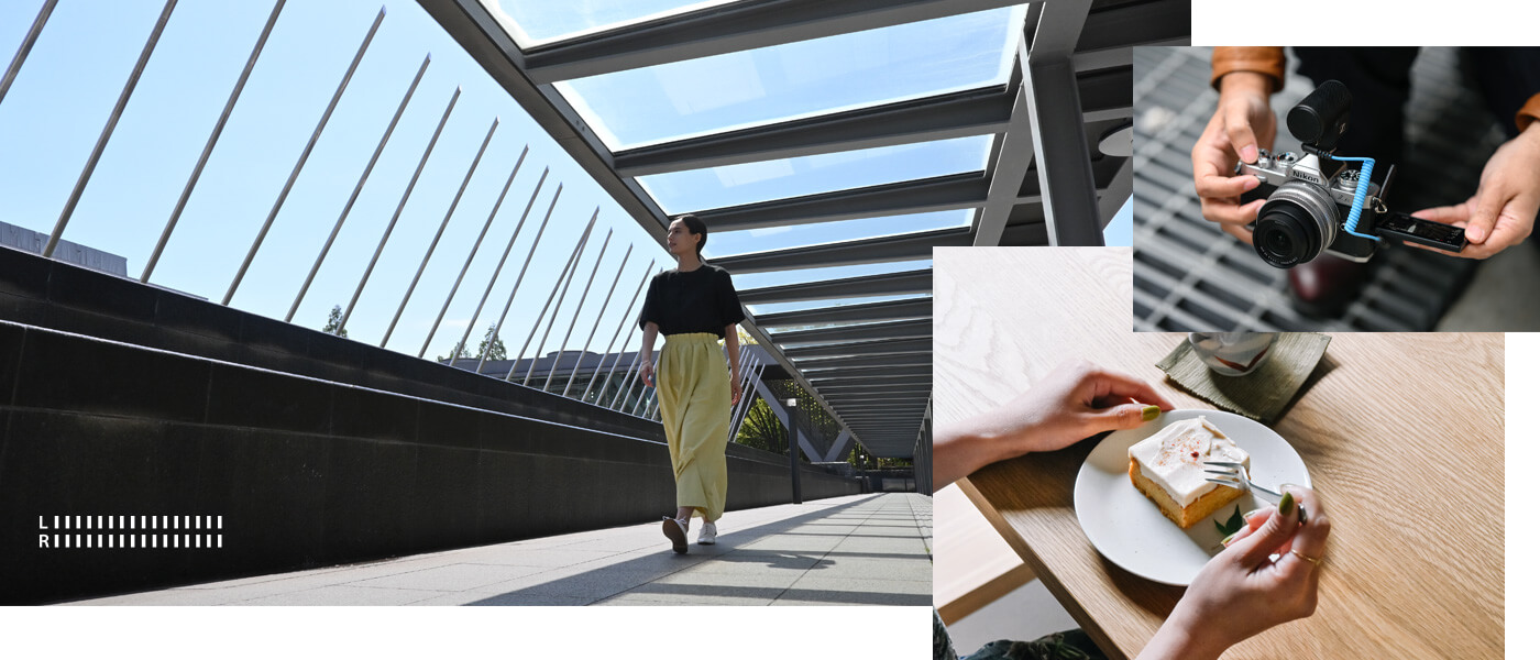 Collage of photos of a woman walking on a skyway, a person with cake and a person holding a Z fc and NIKKOR Z DX 16-50mm f/3.5-6.3 VR - Silver lens