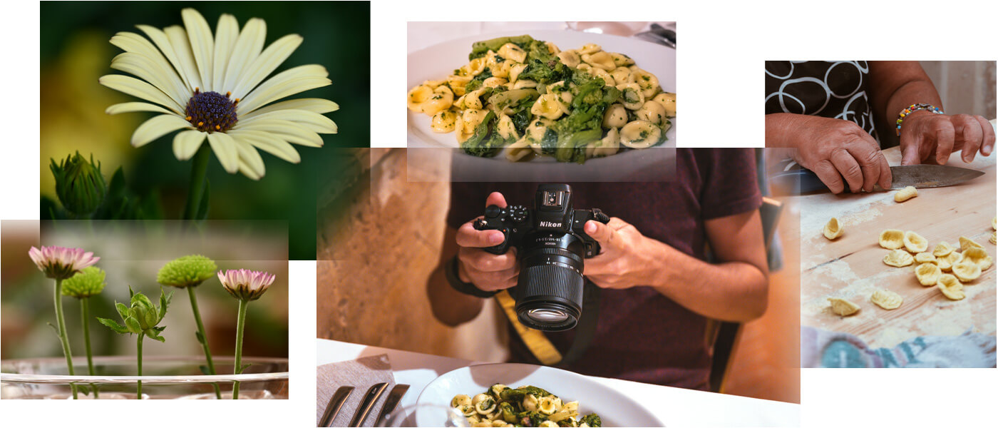 collage of images of flowers and food and a person shooting food, taken with the NIKKOR Z DX 18-140mm f/3.5-6.3 VR lens