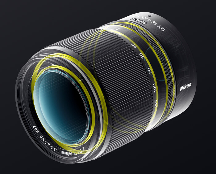 illustration showing the build of the NIKKOR Z DX 18-140mm f/3.5-6.3 VR lens