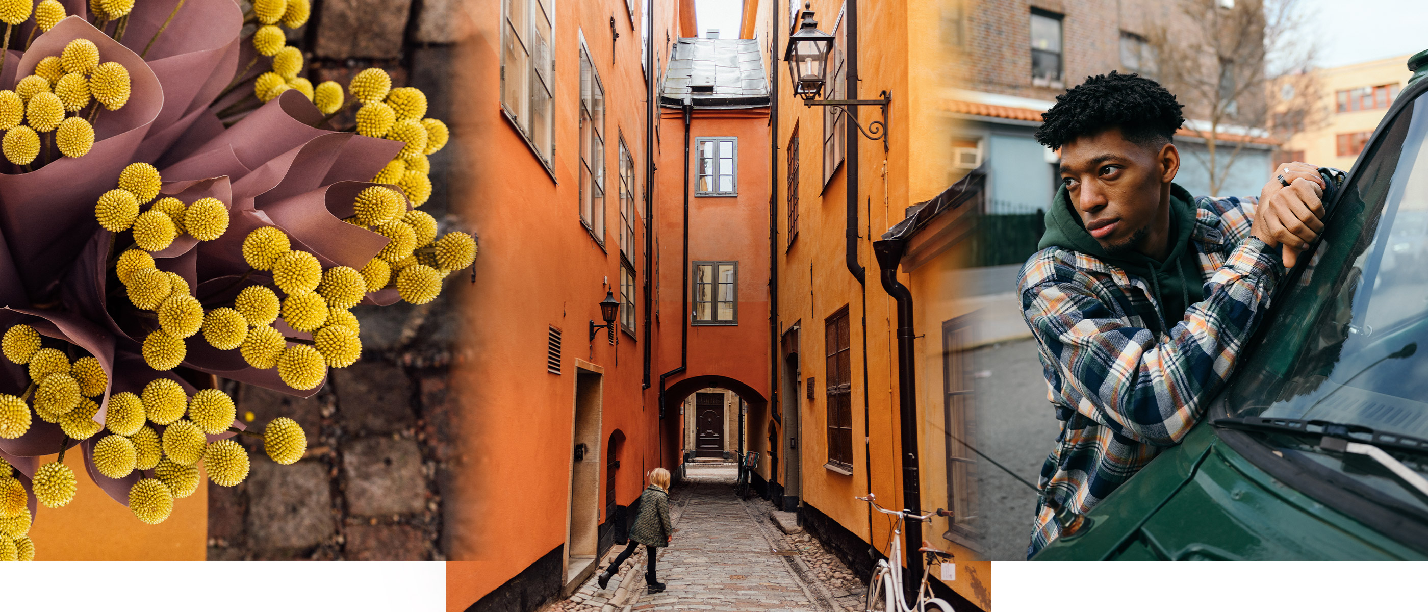 Collage of images taken with the NIKKOR Z 28mm f/2.8 lens including a portrait and an alleyway and colorful yellow balls