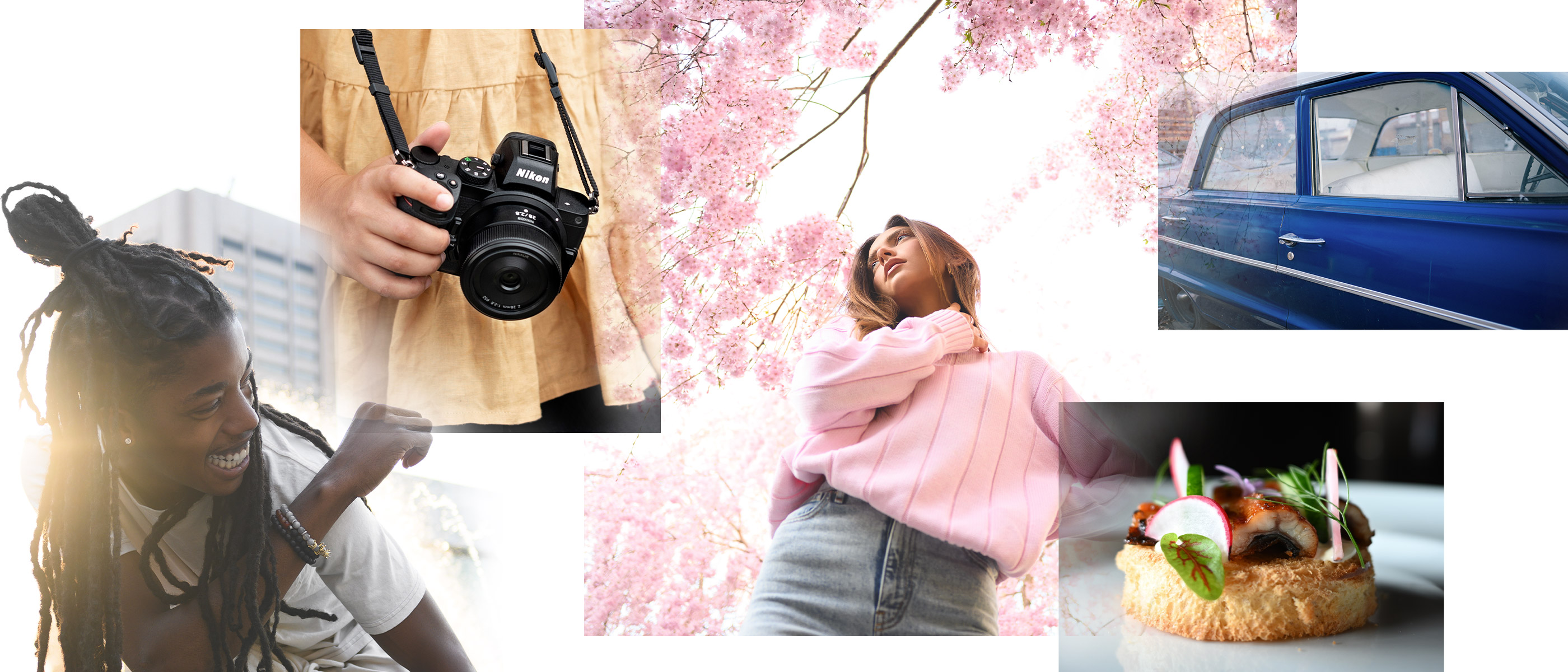 Collage de photos d'une personne tenant une caméra, une personne dans un pull rose, une portière bleue, de la nourriture et une personne souriante, prise avec l'objectif Nikkor Z 28 mm f / 2,8