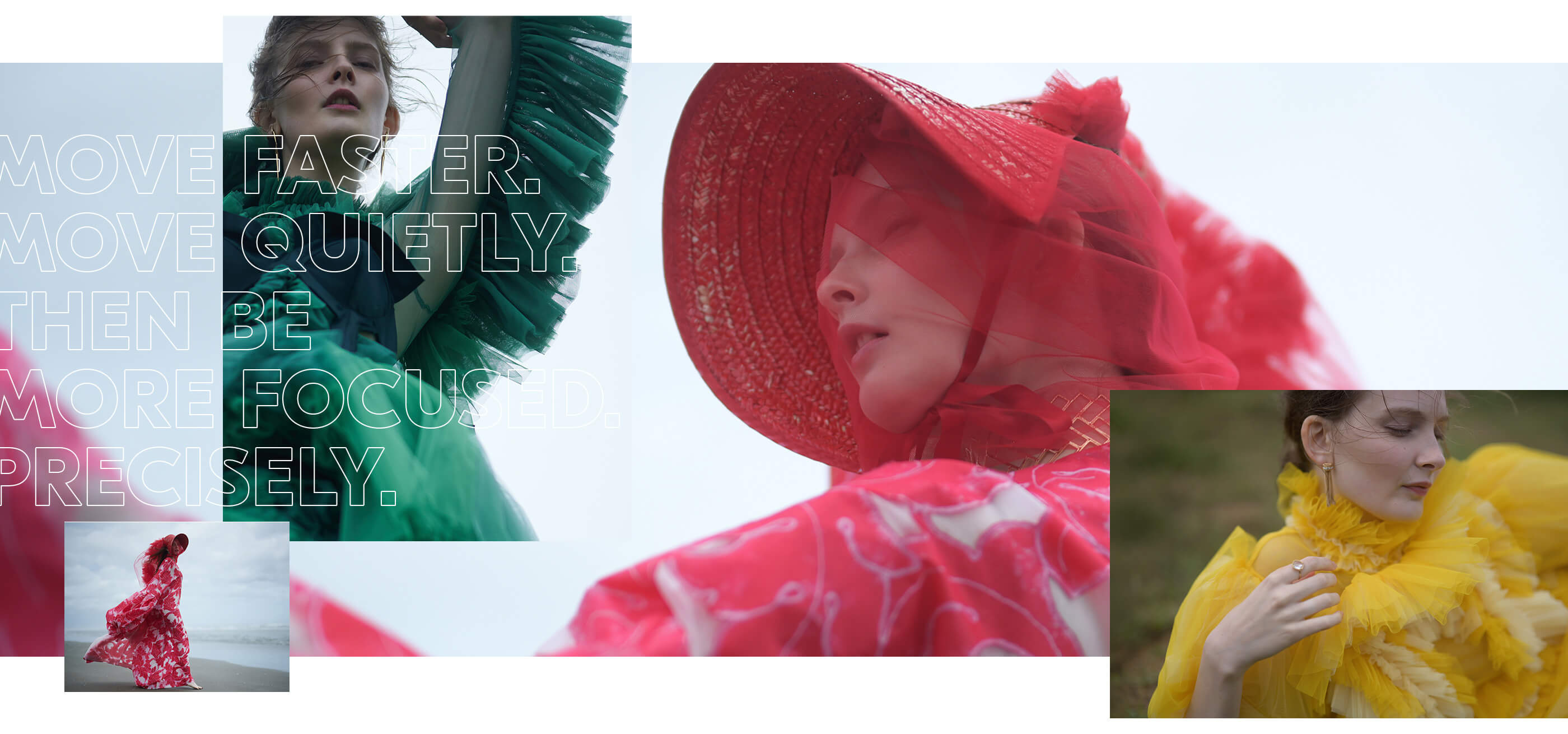 Collage of photos of female models in green, red and yellow dresses and overlayed copy. Photos shot using the NIKKOR Z 50mm f/1.2 S lens