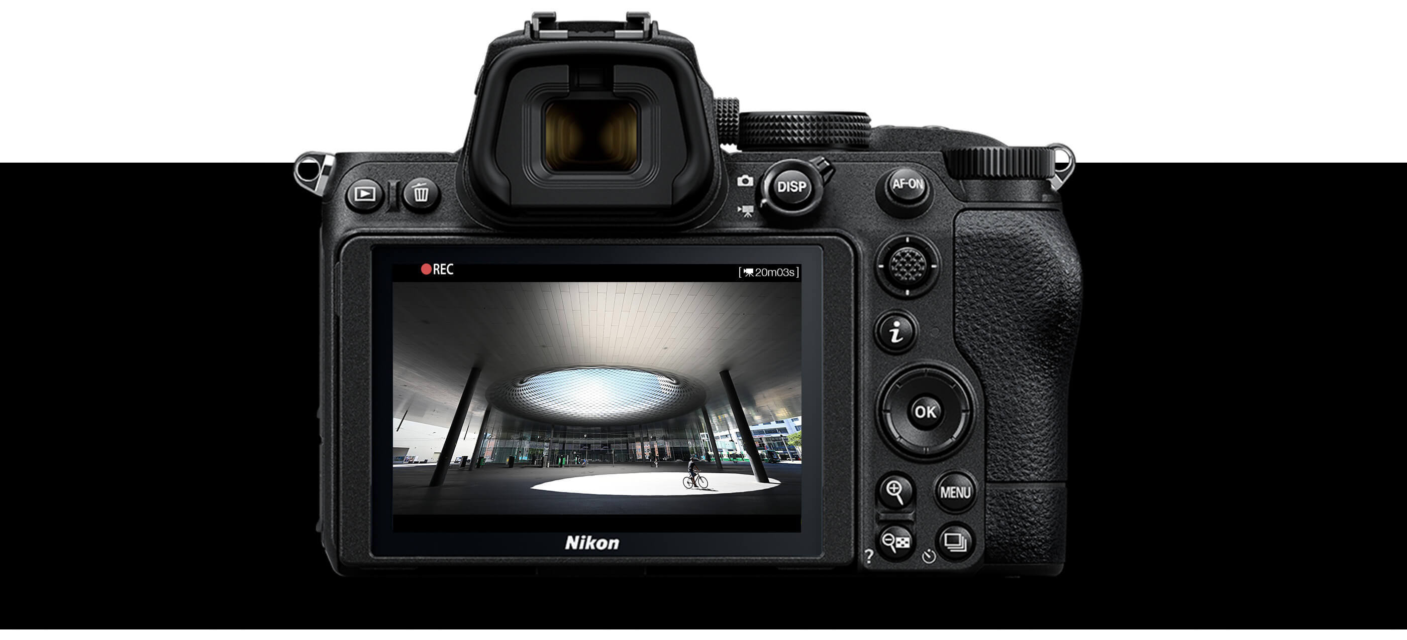photo of the back of a Z camera and on the LCD is a wide-angle interior view, taken with the NIKKOR Z 14-24mm f/2.8 S lens