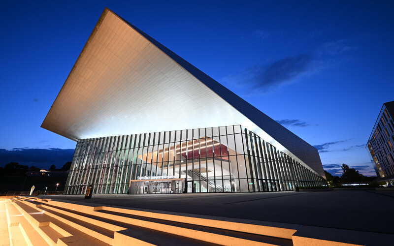 low light photo of a building, taken with the NIKKOR Z 14-24mm f/2.8 S lens