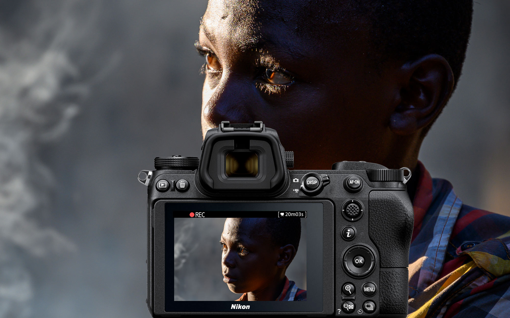 Photo of a person's face, with a Z camera inset and the same image on the LCD, taken with the NIKKOR Z 24-200mm f/4-6.3 VR