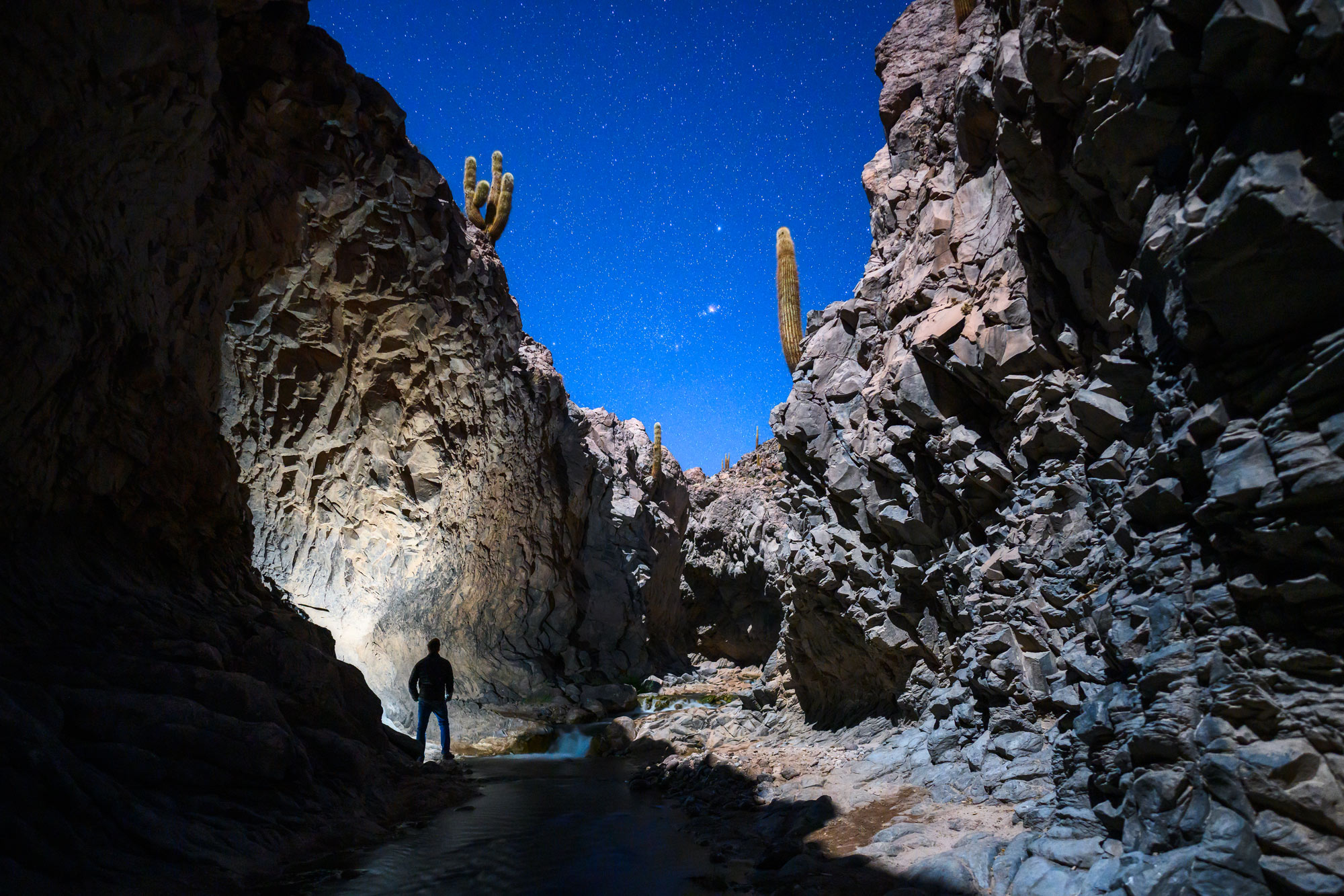 Foto della figura di una persona in ombra in un'immagine notturna di un affioramento roccioso nel deserto