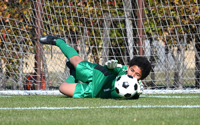 photo of a person in a green uniform in the goal of a soccer field with the ball taken with the NIKKOR Z 28-400mm f/4-8 VR