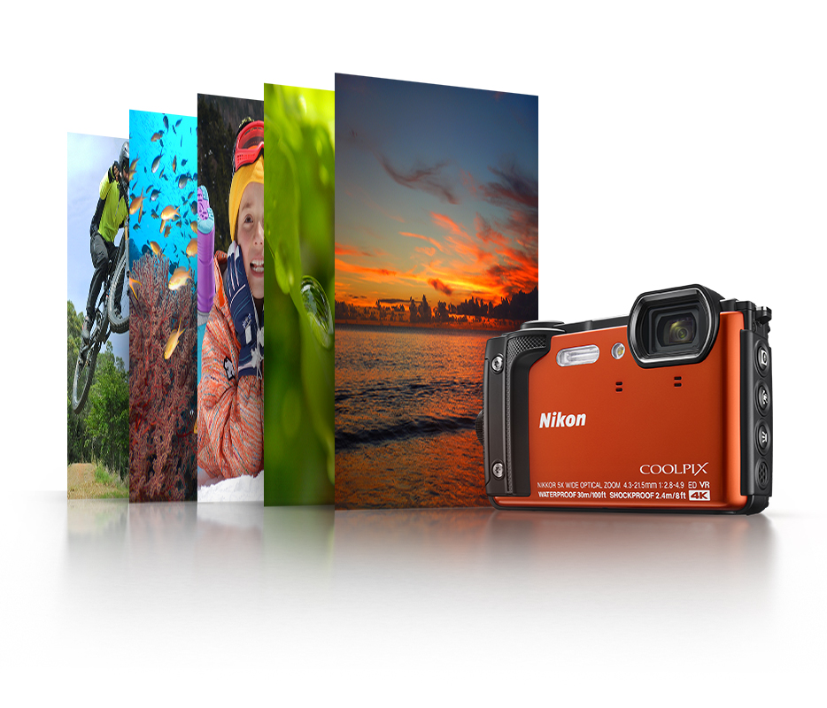 Photo of the COOLPIX W300 and five scenes illustrating the powerful battery in the camera