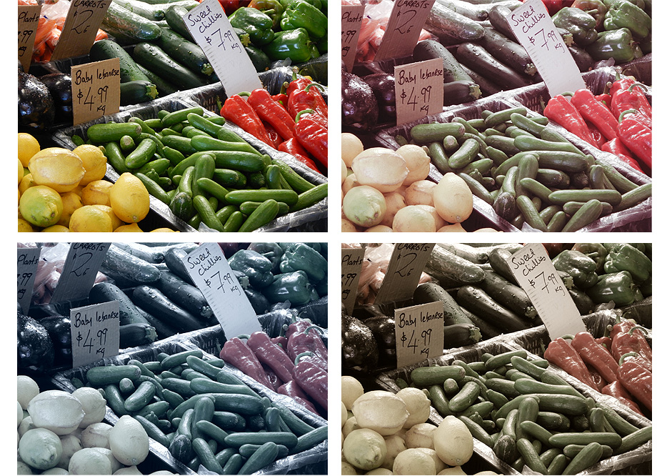 Four photos of vegetables and fruit at a farmer's market, with different creative effects for each one, shot with the W300