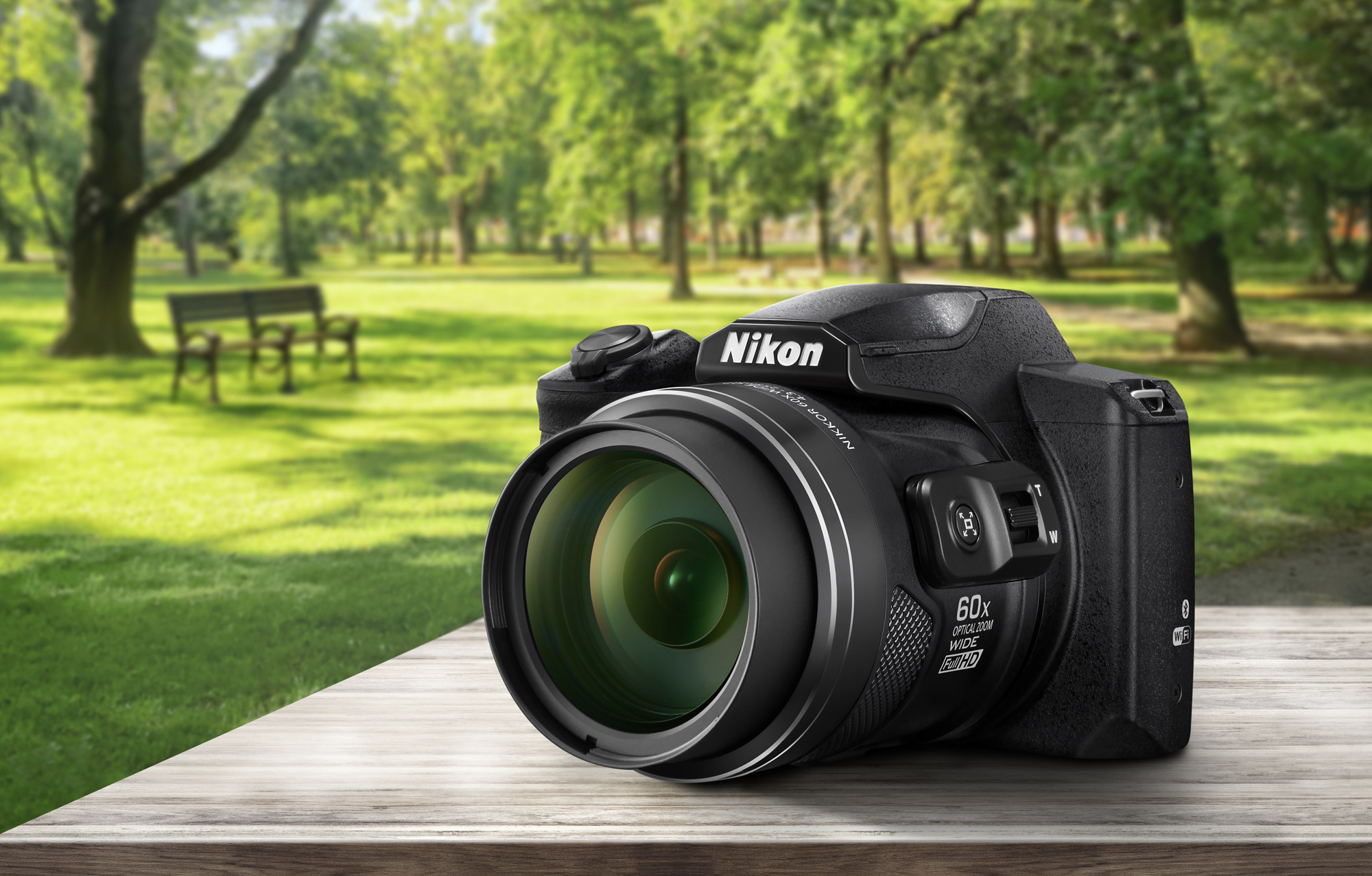 Photo of the Nikon COOLPIX B600 on a picnic table in a park