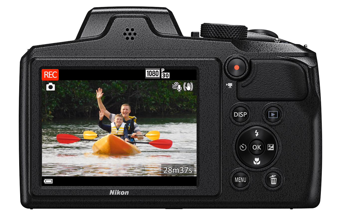 Photo of the back of the Nikon COOLPIX B600 with kayakers on the LCD