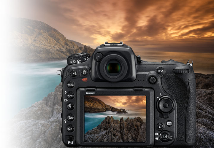 Hero image of a dramatic sunset landscape with the D500 rear view overlayed and the same landscape image on the LCD