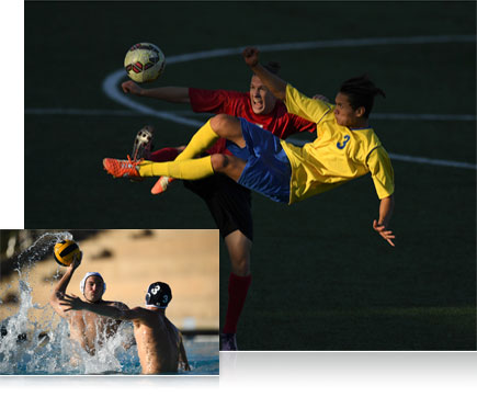D5 DSLR photo of soccer players inset with a D5 photo of water polo players