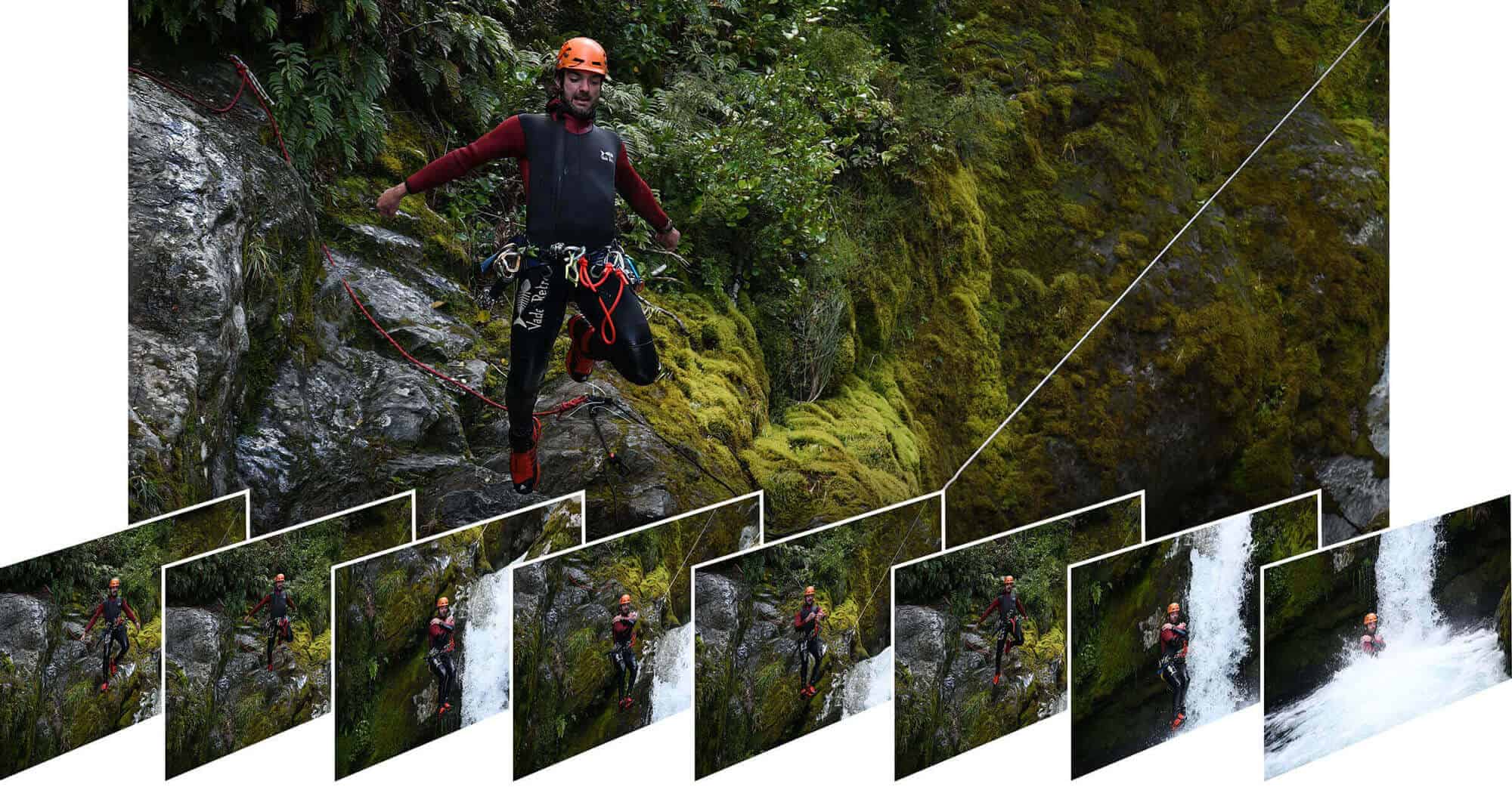 Photo of a main jumping off of a waterfall, with 8 smaller photos inset at the bottom showing progression of his movement