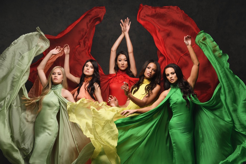 Photo of five models in colorful dresses, taken with the D850 DSLR