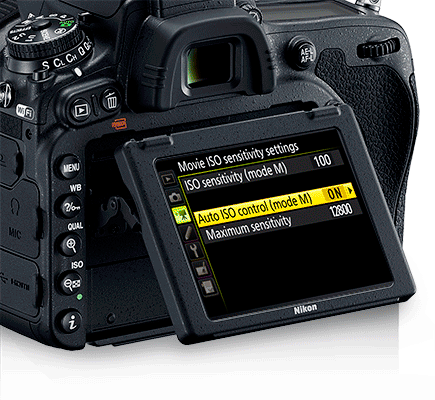 Rear of the Nikon D750 camera and GIF on LCD showing different movie menu features