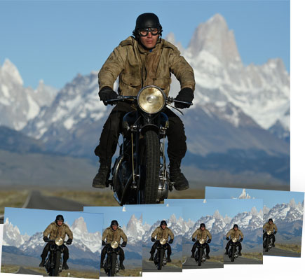 D7200 DSLR photos of a man on a motorscycle with mountains in the background, inset with multiple frames showing continuous shooting