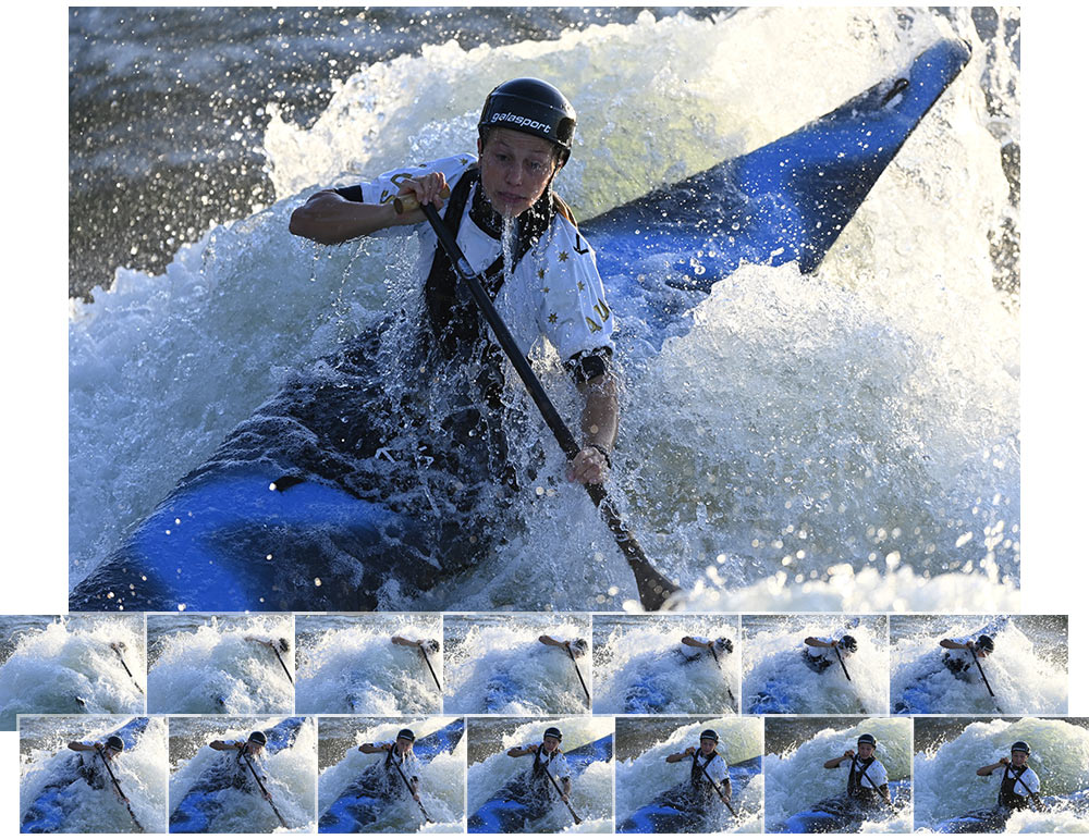 D6 DSLR photo of a kayaker with a continuous burst group of thumbnail images of the scene