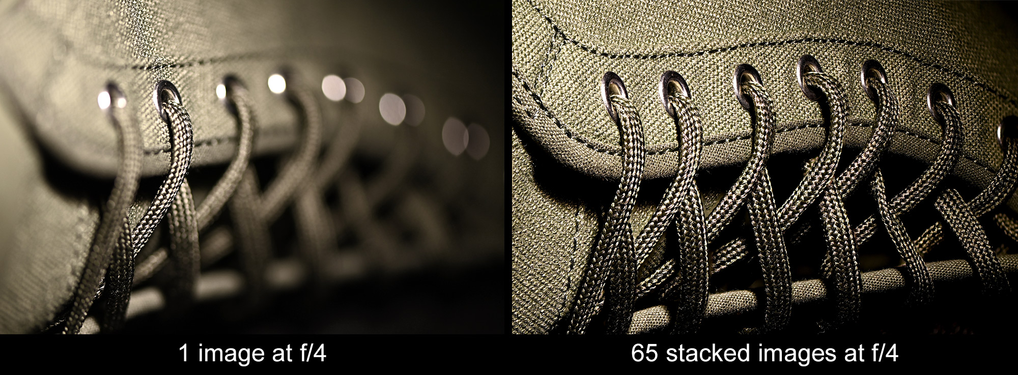 side by side photos of a sneaker's laces shot using focus stacking in the D6 DSLR