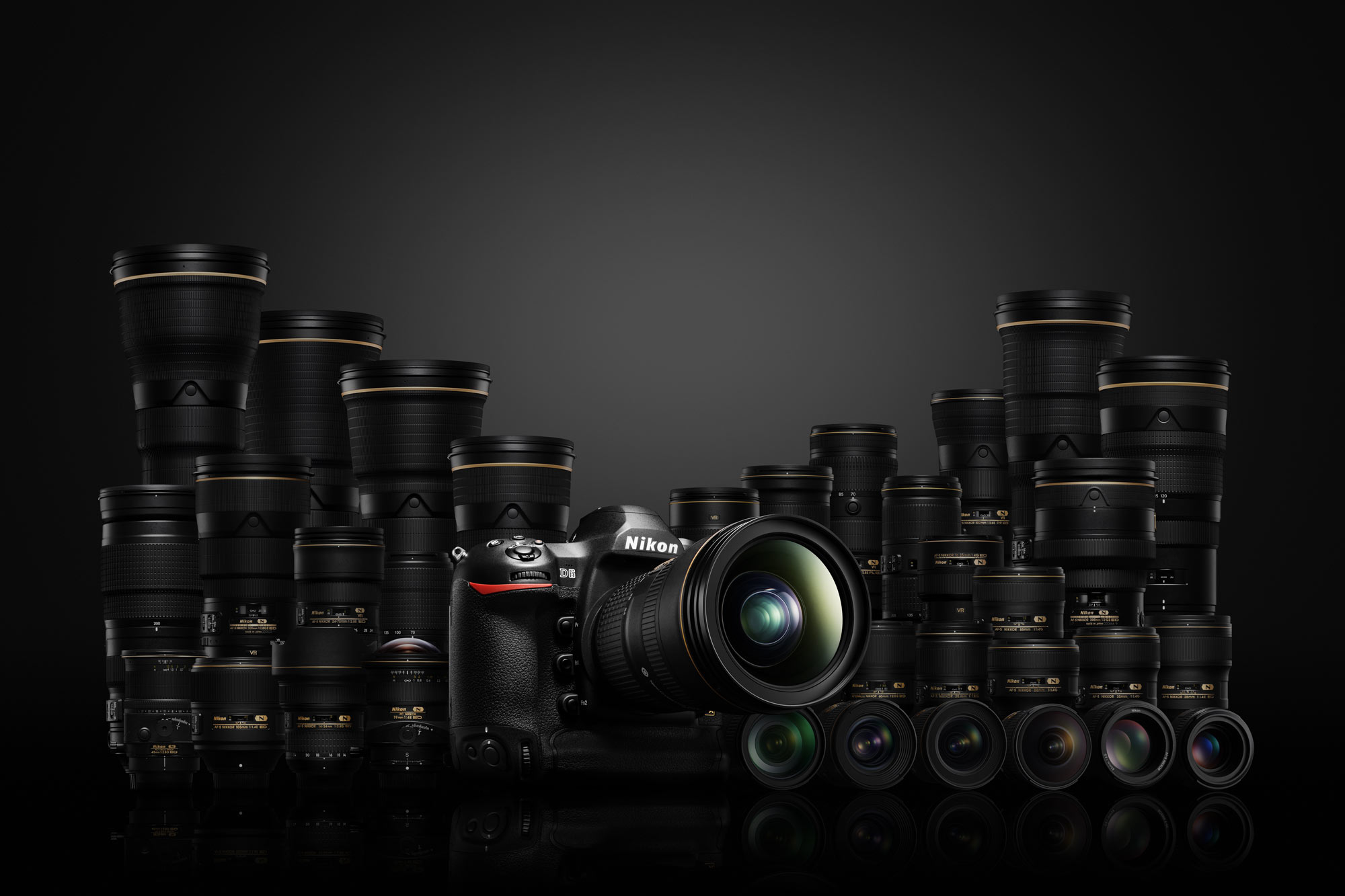 D6 DSLR and a large collection of gold ring F mount NIKKOR lenses