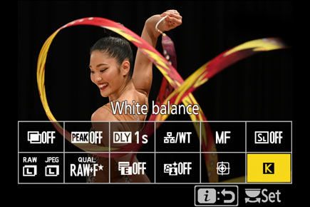 D6 DSLR photo of a rhythmic gymnast with the i menu items overlayed over the image