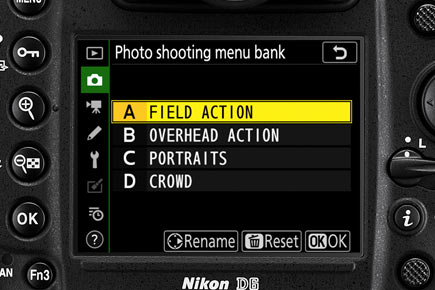 LCD of the D6 DSLR with the menu bank screen showing