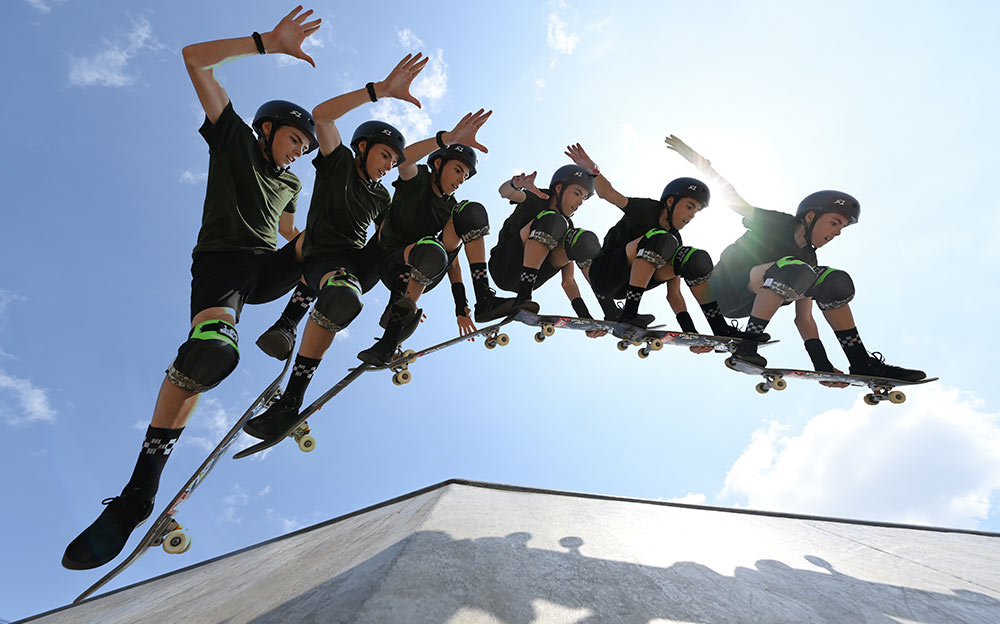 D6 DSLR multiple exposure photo of a skateboarder in air