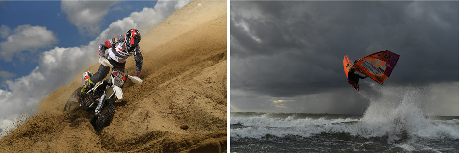 Side by side photos, a dirt bike rider on the left and wind surfer on the right, both shot with the AF-S NIKKOR 70-200mm f/2.8E FL ED VR lens.