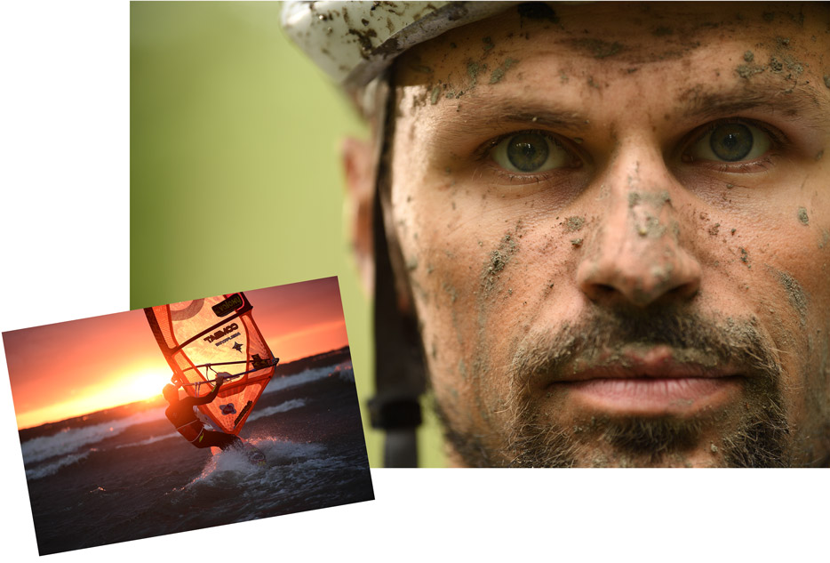 Headshot photo of a man with dirt on his face, inset with a shot of a wind surfer at sunset shot with the AF-S NIKKOR 70-200mm f/2.8E FL ED VR lens