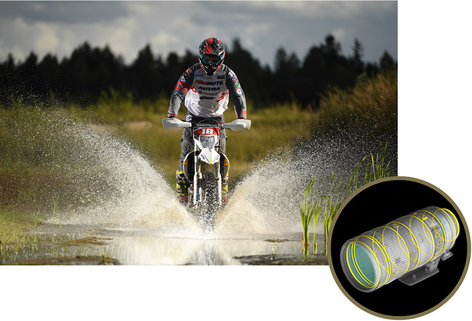 photo of a dirt bike rider spraying water inset with an illustration of weather seals of the AF-S NIKKOR 70-200mm f/2.8E FL ED VR lens