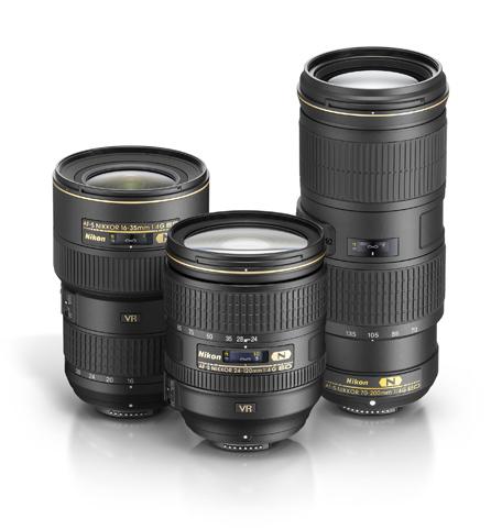 group of three f/4 NIKKOR lenses, the 70-200, 24-120mm and 16-35mm lenses