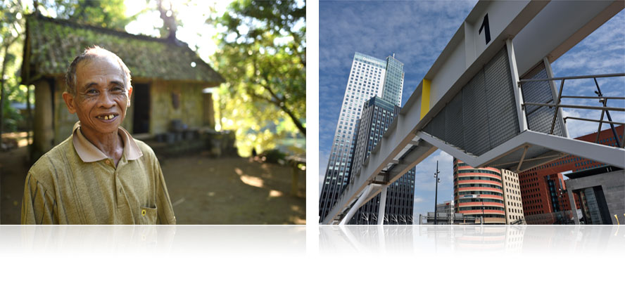 Composite of two photos - a portrait of a man outside a small house and city architecture shot with the AF-S NIKKOR 24mm f/1.8G ED lens