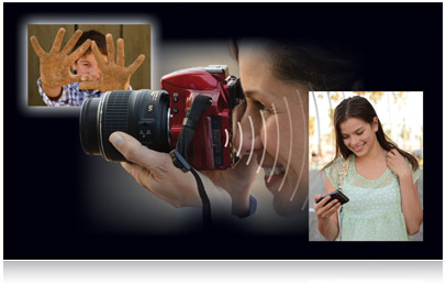 Composite of photos of woman holding red D3200, boy showing off sandy hands and girl looking at smartphone